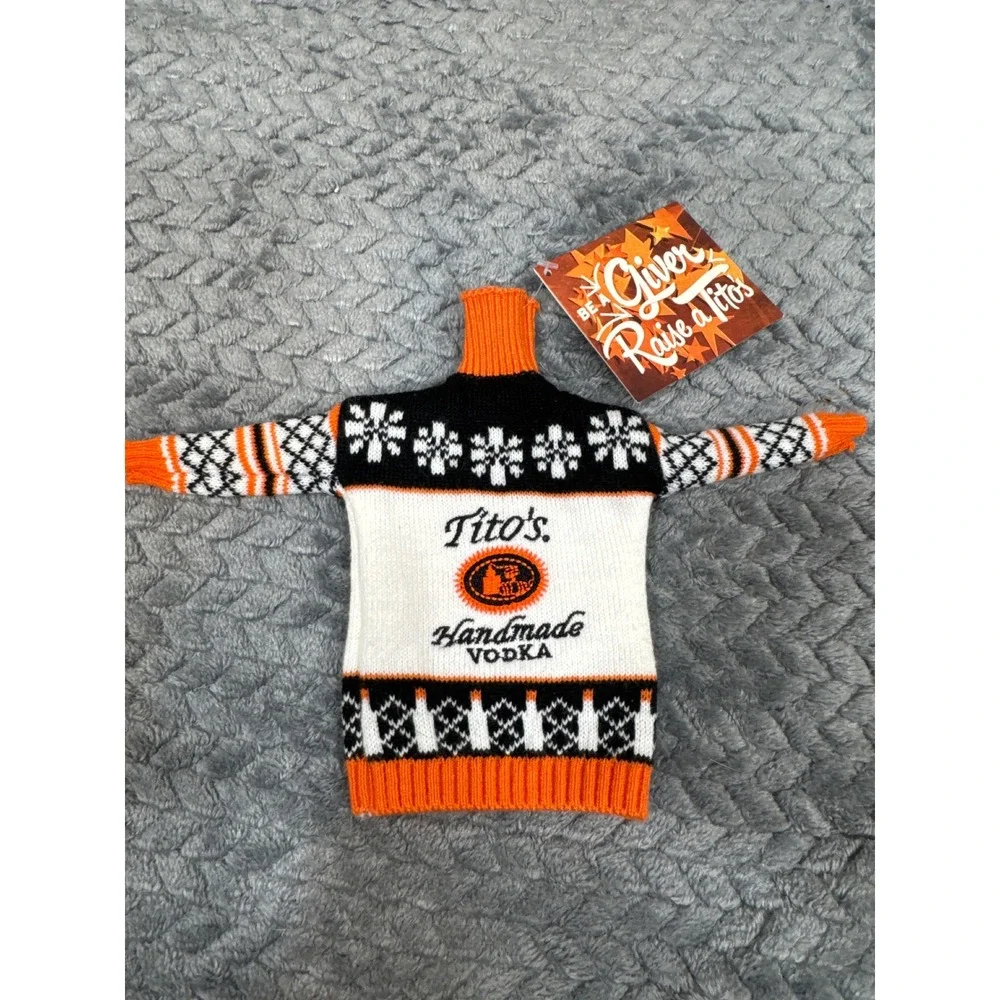 Titos Handmade Vodka Bottle Sweater Holiday Fair Isle Orange Black White‎ NWT